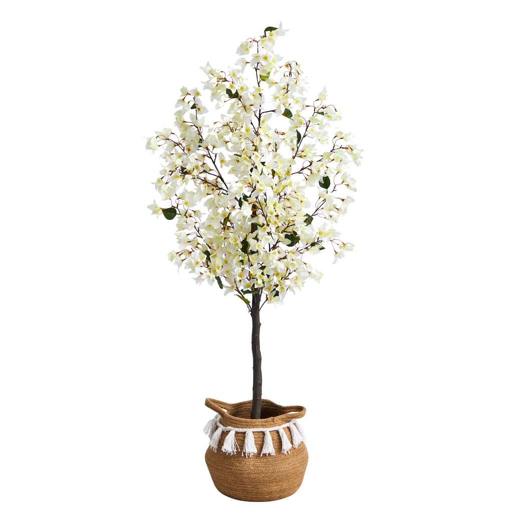 5ft. Artificial Bougainvillea Tree with Handmade Jute &amp; Cotton Basket with Tassels - Nearly Natural T3423-WH
