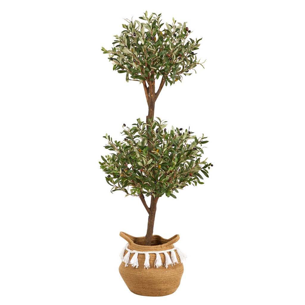4.5ft. Artificial Olive Double Topiary &amp; 5ft. Artificial Bougainvillea Tree with Handmade Jute &amp; Cotton Basket with Tassels - Nearly Natural T3495