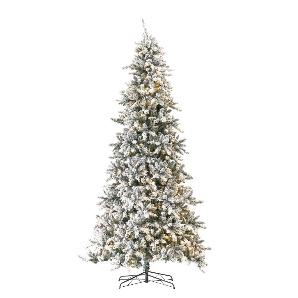 11ft. Flocked Livingston Fir Artificial Christmas Tree with Pine Cones, 950 Clear Warm LED Lights and 3016 Bendable Branches - Nearly Natural T4537