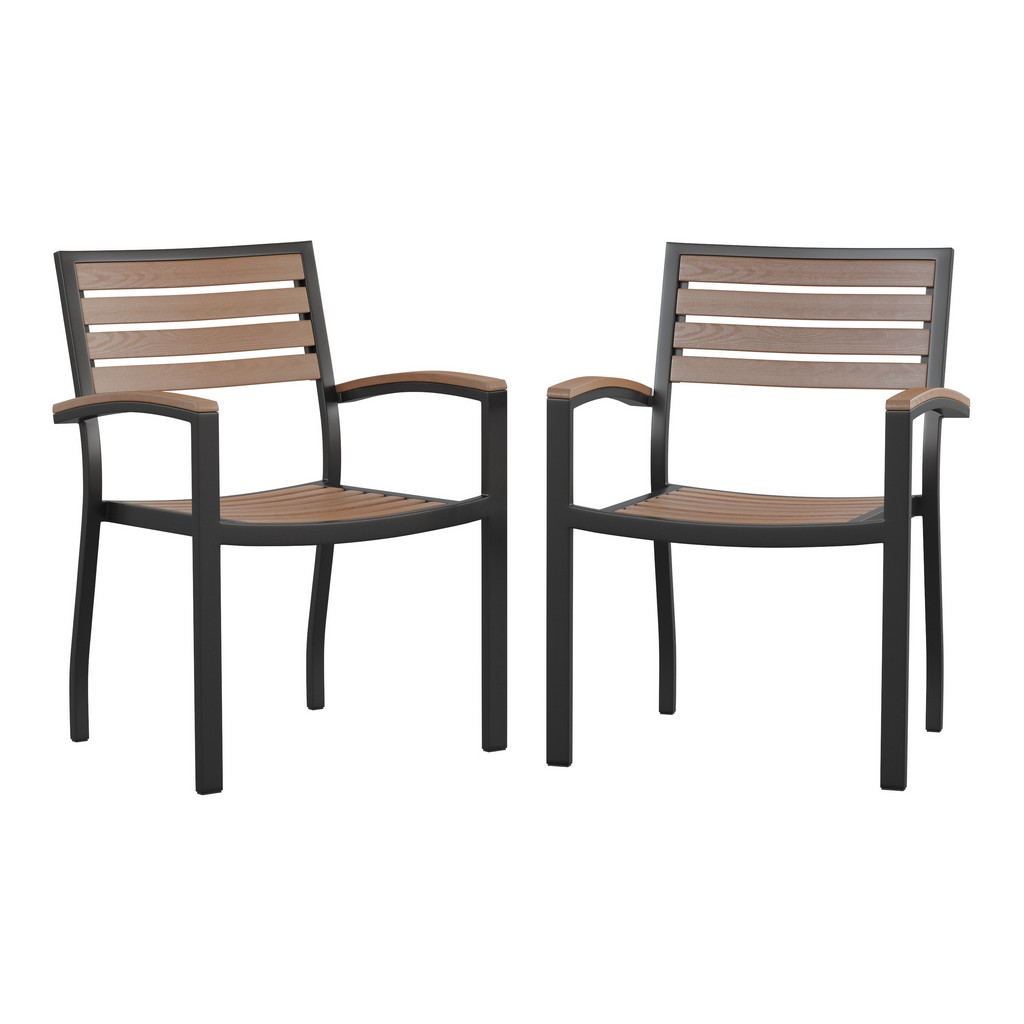 Outdoor Stackable Faux Teak Side Chair - Commercial Grade Black Aluminum Patio Chair with Synthetic Teak Slats - Set of 2 [2-XU-DG-HW6006-GG] - Flash Furniture 2-XU-DG-HW6006-GG