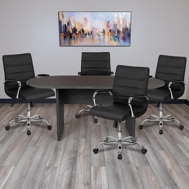 5-Pc Rustic Gray Oval Conference Table Set w/ 4 Black &amp; Chrome LeatherSoft Executive Chairs - Flash Furniture BLN-6GCGRY2286-BK-GG