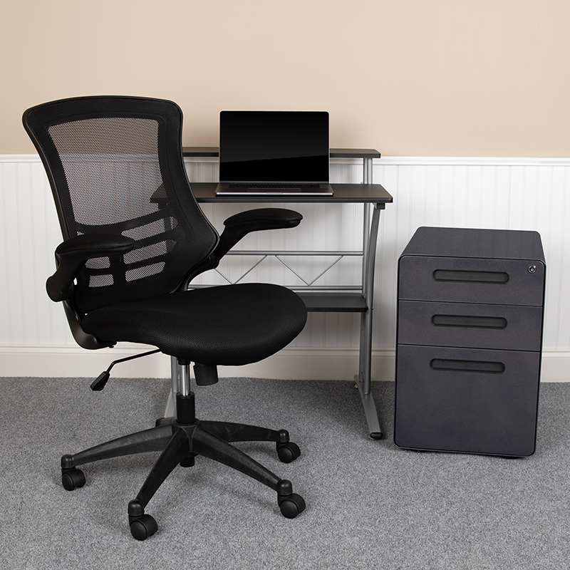 3-Pc Office Set - Black Computer Desk, Ergonomic Mesh Office Chair &amp; Locking Mobile Filing Cabinet w/ Inset Handles - Flash Furniture BLN-CLIFAPPX5-BK-GG