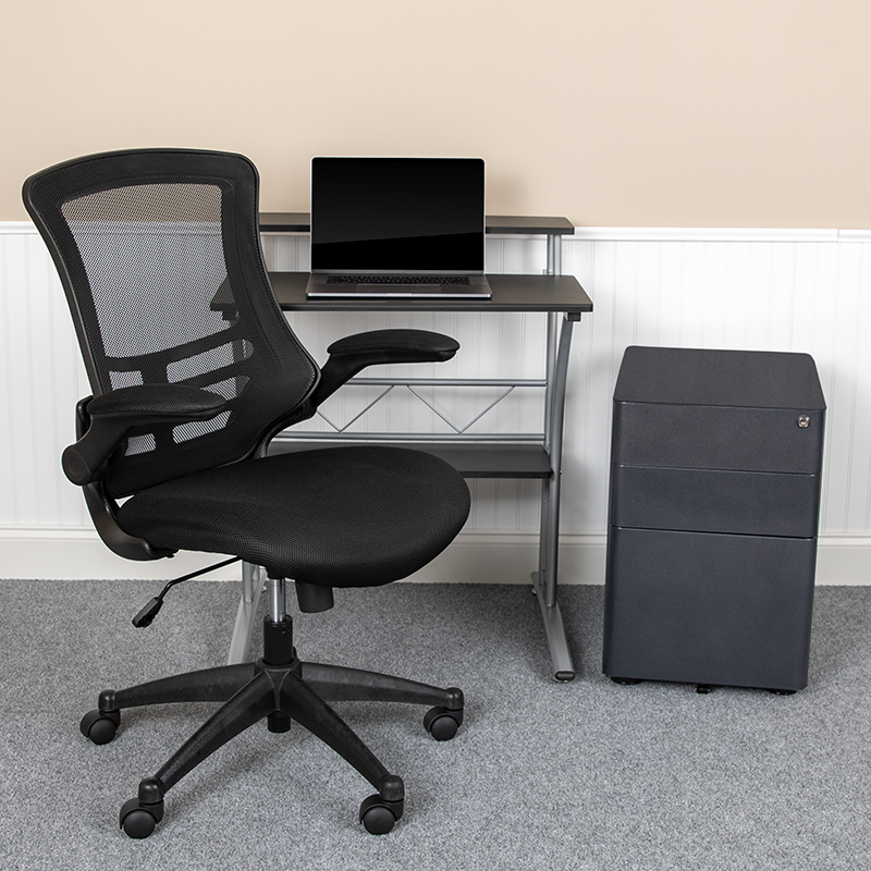 3-Pc Office Set - Black Computer Desk, Ergonomic Mesh Office Chair &amp; Locking Mobile Filing Cabinet w/ Side Handles - Flash Furniture BLN-CLIFCHPX5-BK-GG