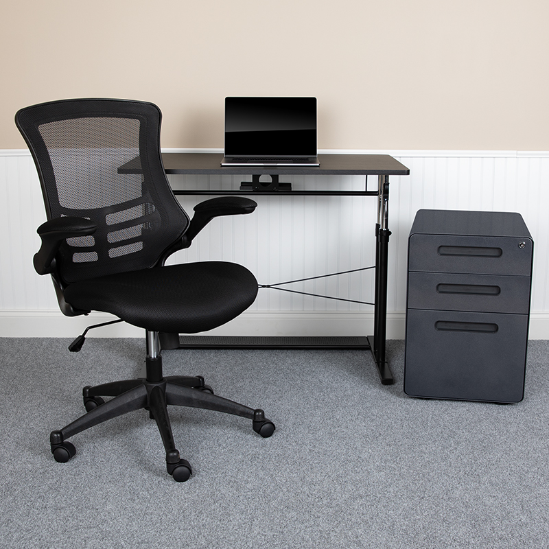 3-Pc Office Set - Adjustable Computer Desk, Ergonomic Mesh Office Chair &amp; Locking Mobile Filing Cabinet w/ Inset Handles - Flash Furniture BLN-NAN21APX5L-BK-GG