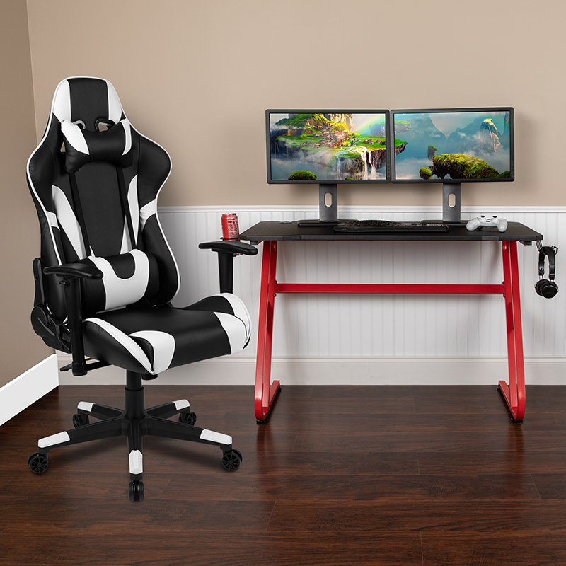 Red Gaming Desk & Black Reclining Gaming Chair Set W/ Cup Holder & Headphone Hook - Flash Furniture Bln-x20rsg1030-bk-gg