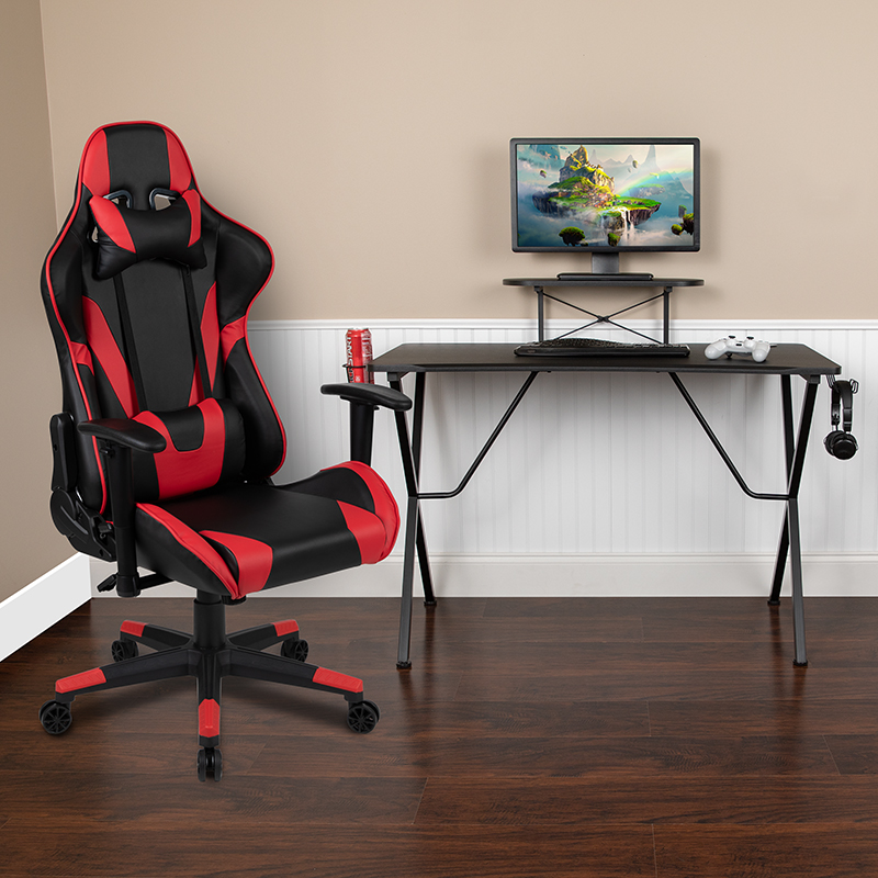 Black Gaming Desk & Red/black Reclining Gaming Chair Set W/ Cup Holder, Headphone Hook, & Monitor/smartphone Stand - Flash Furniture Bln-x20rsg1031-rd-gg