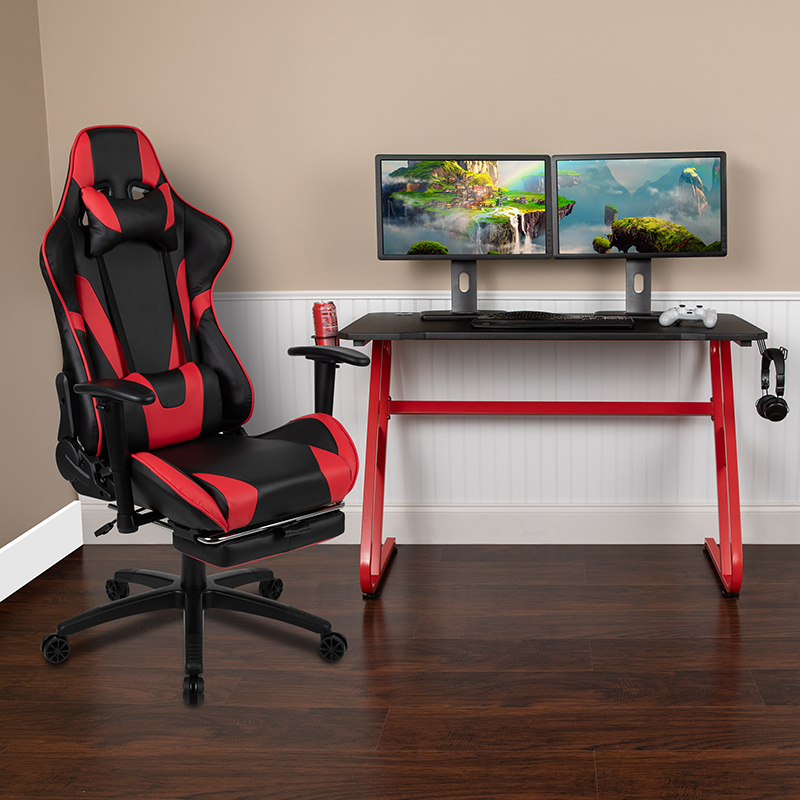 Red Gaming Desk & Red/black Footrest Reclining Gaming Chair Set W/ Cup Holder & Headphone Hook - Flash Furniture Bln-x30rsg1030-rd-gg