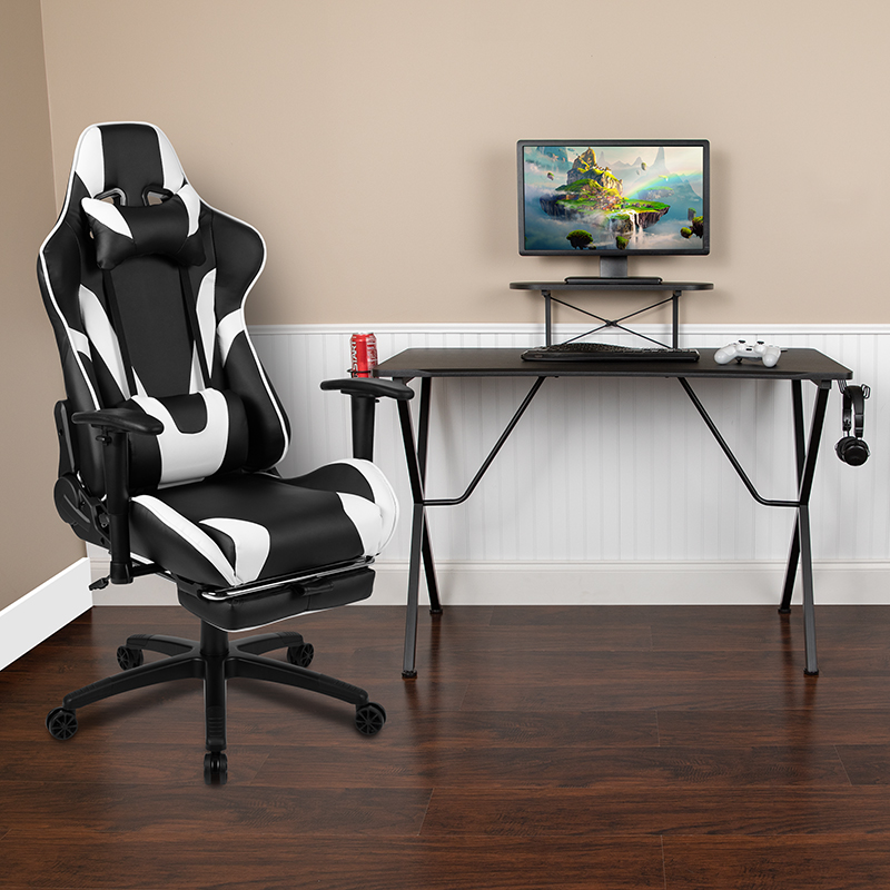Black Gaming Desk & Black Footrest Reclining Gaming Chair Set W/ Cup Holder, Headphone Hook, & Monitor/smartphone Stand - Flash Furniture Bln-x30rsg1031-bk-gg