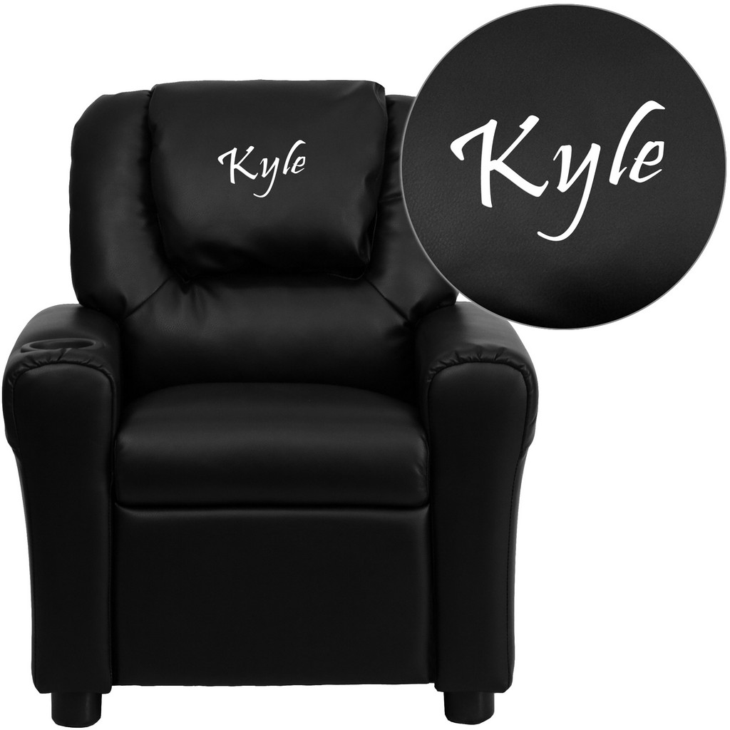 Personalized Black LeatherSoft Kids Recliner with Cup Holder and Headrest [DG-ULT-KID-BK-TXTEMB-GG] - Flash Furniture DG-ULT-KID-BK-TXTEMB-GG