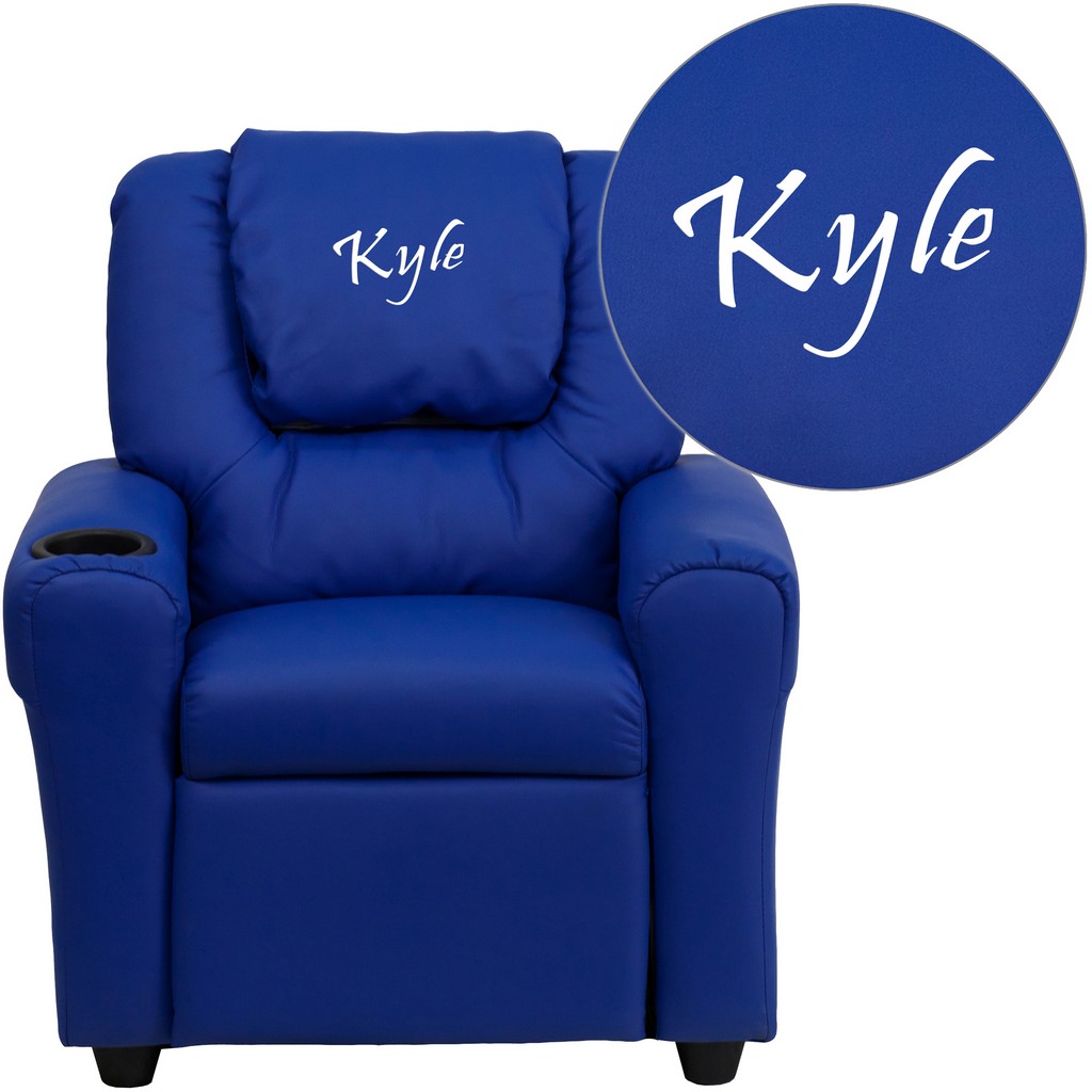 Personalized Blue Vinyl Kids Recliner with Cup Holder and Headrest [DG-ULT-KID-BLUE-TXTEMB-GG] - Flash Furniture DG-ULT-KID-BLUE-TXTEMB-GG