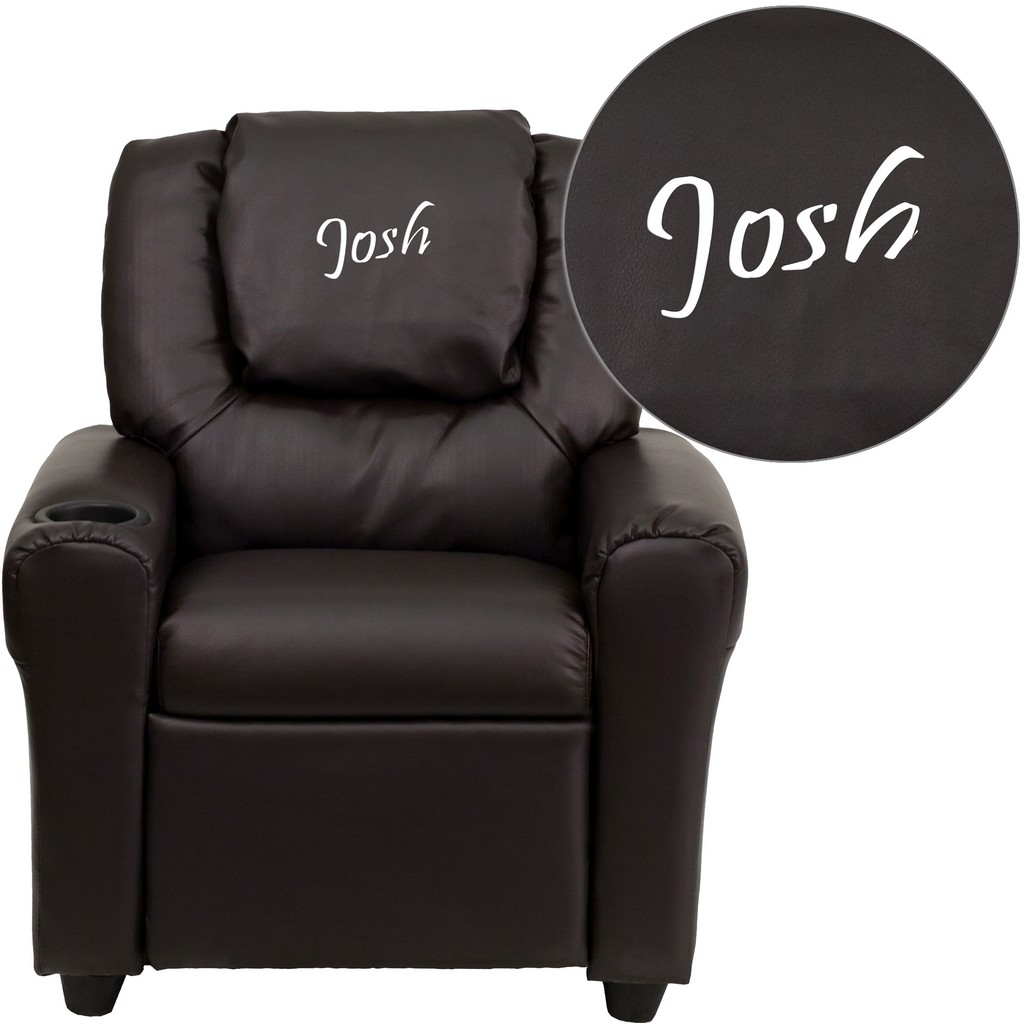 Personalized Brown LeatherSoft Kids Recliner with Cup Holder and Headrest [DG-ULT-KID-BRN-TXTEMB-GG] - Flash Furniture DG-ULT-KID-BRN-TXTEMB-GG