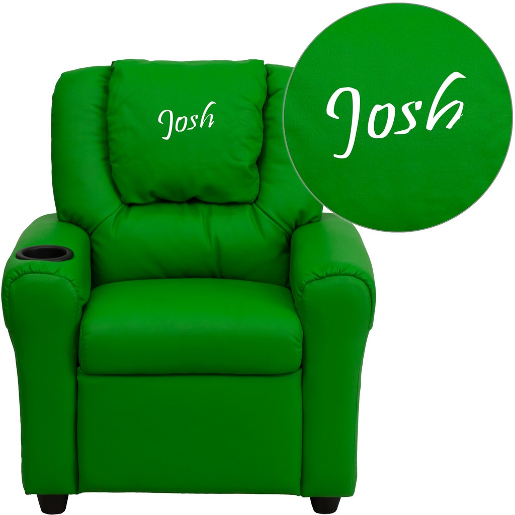 Personalized Green Vinyl Kids Recliner with Cup Holder and Headrest [DG-ULT-KID-GRN-TXTEMB-GG] - Flash Furniture DG-ULT-KID-GRN-TXTEMB-GG