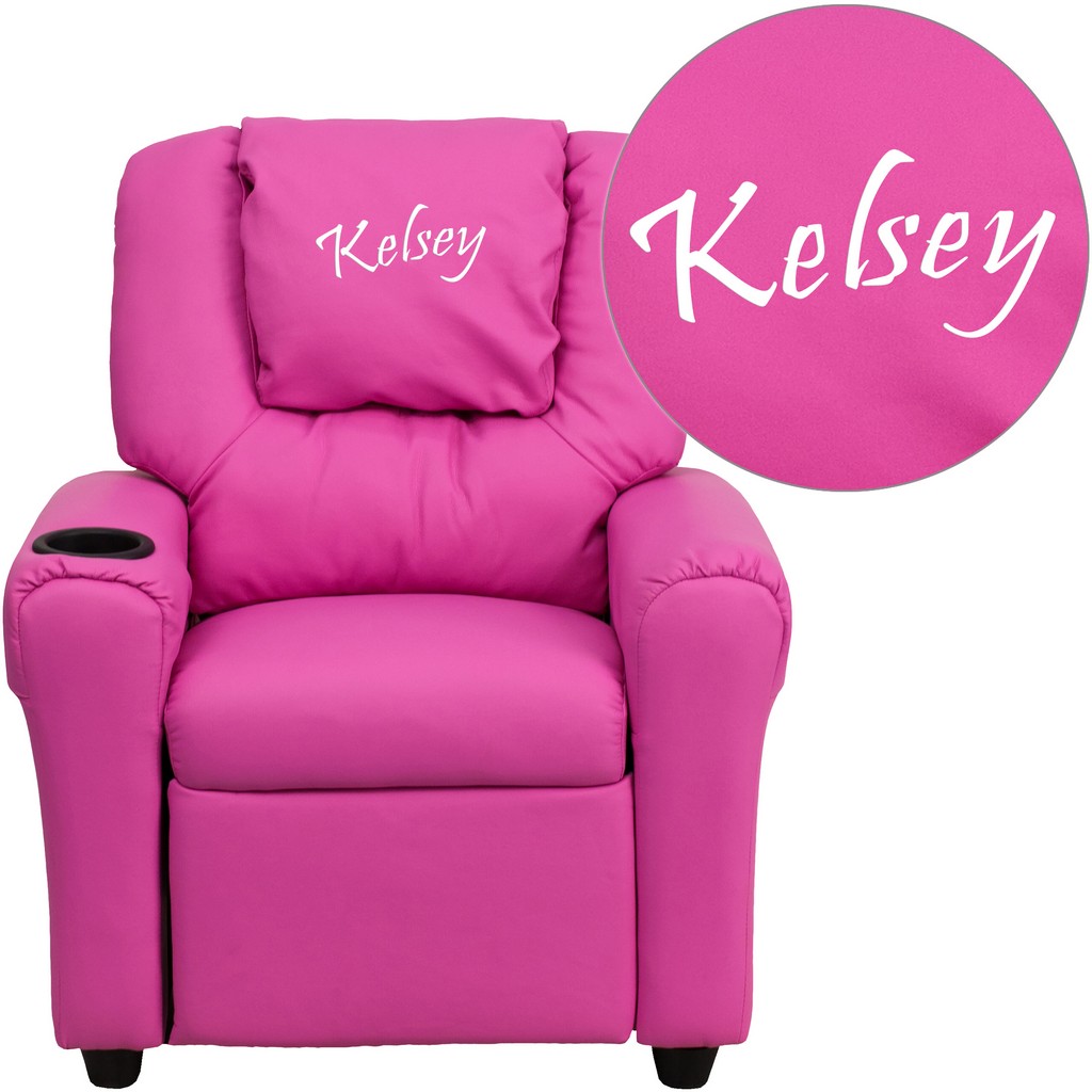 Personalized Hot Pink Vinyl Kids Recliner with Cup Holder and Headrest [DG-ULT-KID-HOT-PINK-TXTEMB-GG] - Flash Furniture DG-ULT-KID-HOT-PINK-TXTEMB-GG