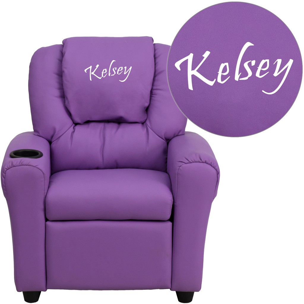 Personalized Lavender Vinyl Kids Recliner with Cup Holder and Headrest [DG-ULT-KID-LAV-TXTEMB-GG] - Flash Furniture DG-ULT-KID-LAV-TXTEMB-GG