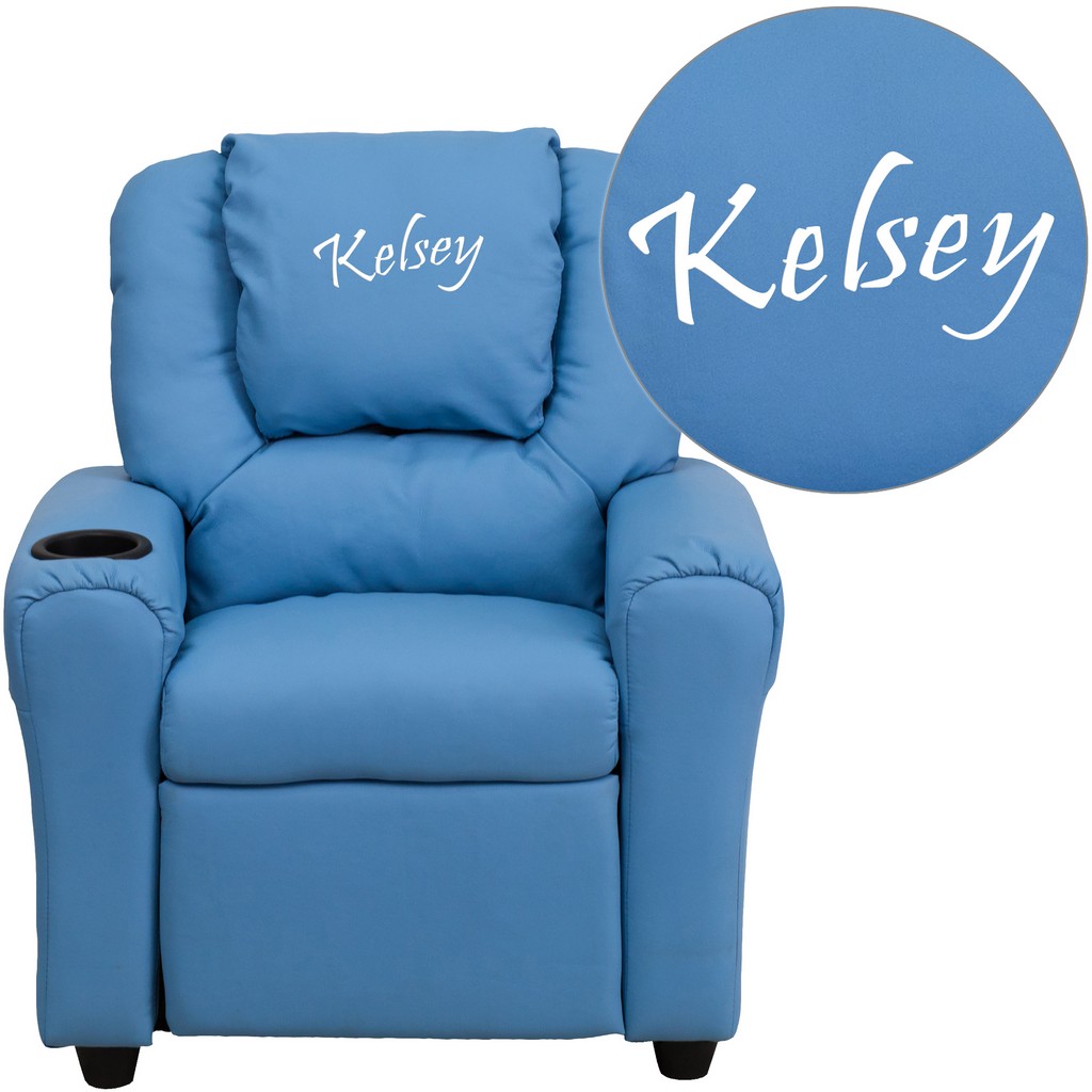 Personalized Light Blue Vinyl Kids Recliner with Cup Holder and Headrest [DG-ULT-KID-LTBLUE-TXTEMB-GG] - Flash Furniture DG-ULT-KID-LTBLUE-TXTEMB-GG