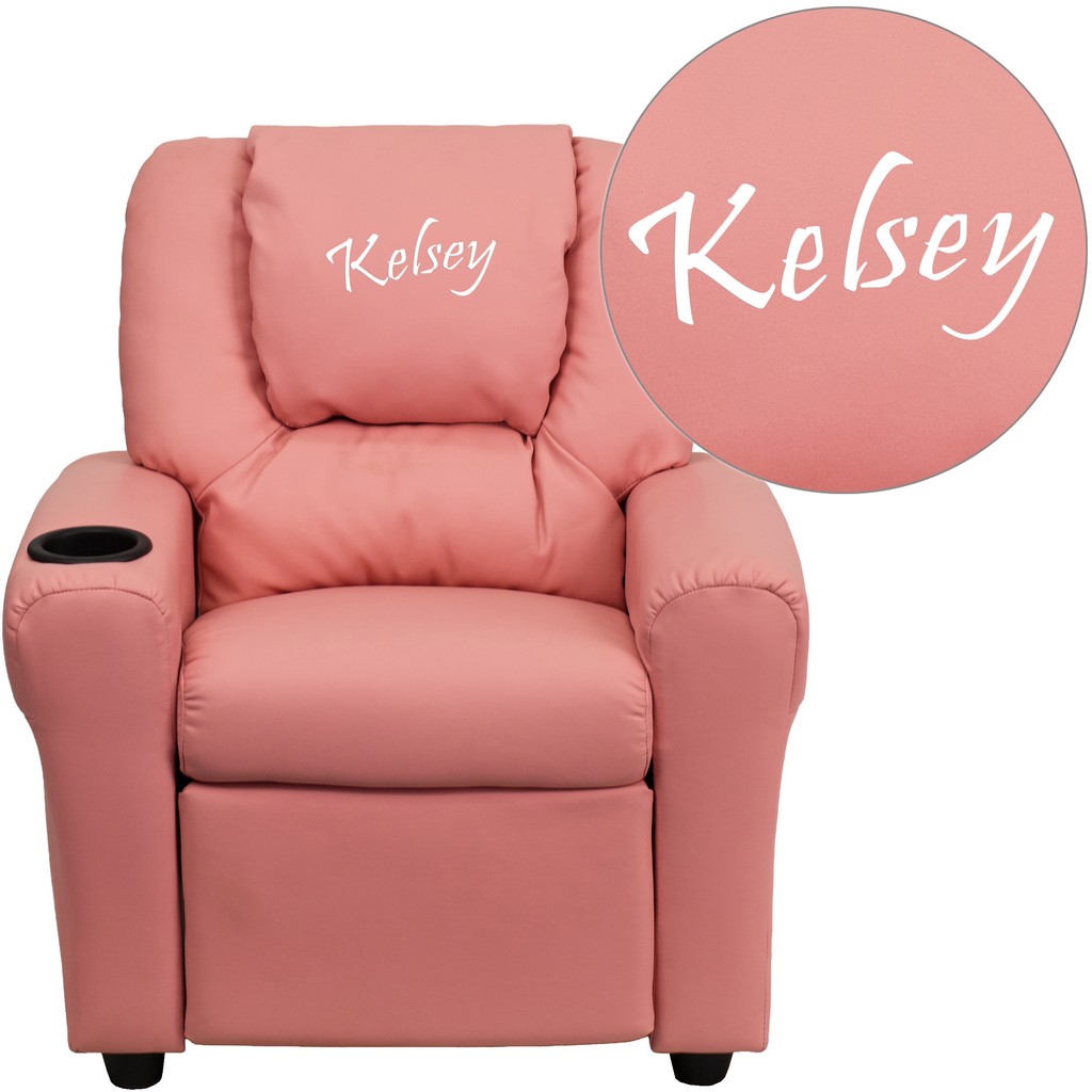 Personalized Pink Vinyl Kids Recliner with Cup Holder and Headrest [DG-ULT-KID-PINK-TXTEMB-GG] - Flash Furniture DG-ULT-KID-PINK-TXTEMB-GG