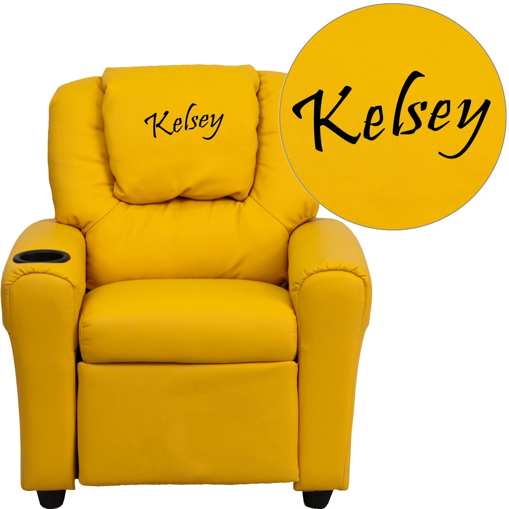 Personalized Yellow Vinyl Kids Recliner with Cup Holder and Headrest [DG-ULT-KID-YEL-TXTEMB-GG] - Flash Furniture DG-ULT-KID-YEL-TXTEMB-GG