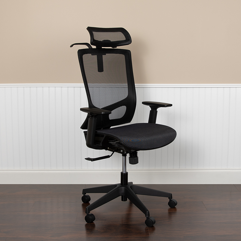 Ergonomic Mesh Office Chair w/ Synchro-Tilt, Pivot Adjustable Headrest, Lumbar Support, Coat Hanger &amp; Adjustable Arms in Black - Flash Furniture H-2809-1KY-BK-GG