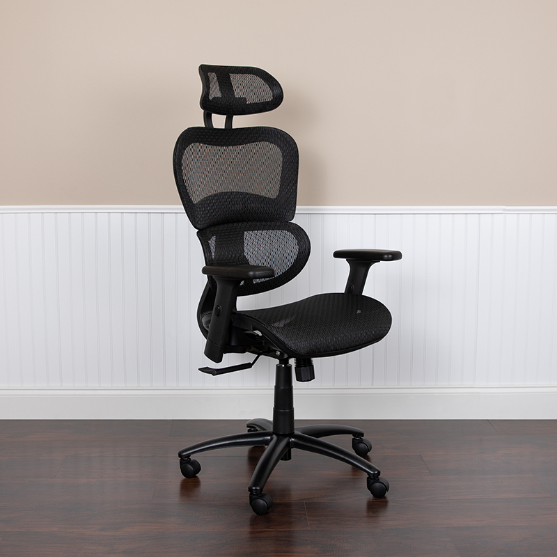 Ergonomic Mesh Office Chair w/ 2-to-1 Synchro-Tilt, Adjustable Headrest, Lumbar Support, &amp; Adjustable Pivot Arms in Black - Flash Furniture H-LC-1388F-1K-BK-GG