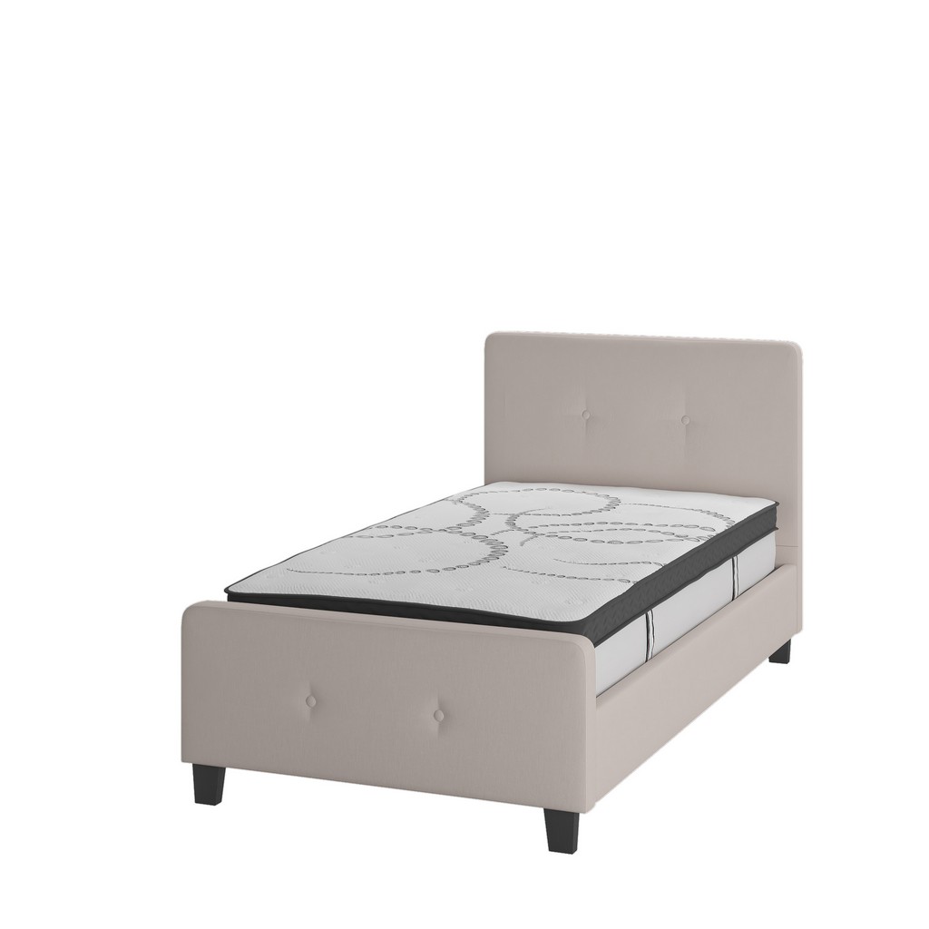 Tribeca Twin Size Tufted Upholstered Platform Bed in Beige Fabric with 10 Inch CertiPUR-US Certified Pocket Spring Mattress [HG-BM10-17-GG] - Flash Furniture HG-BM10-17-GG