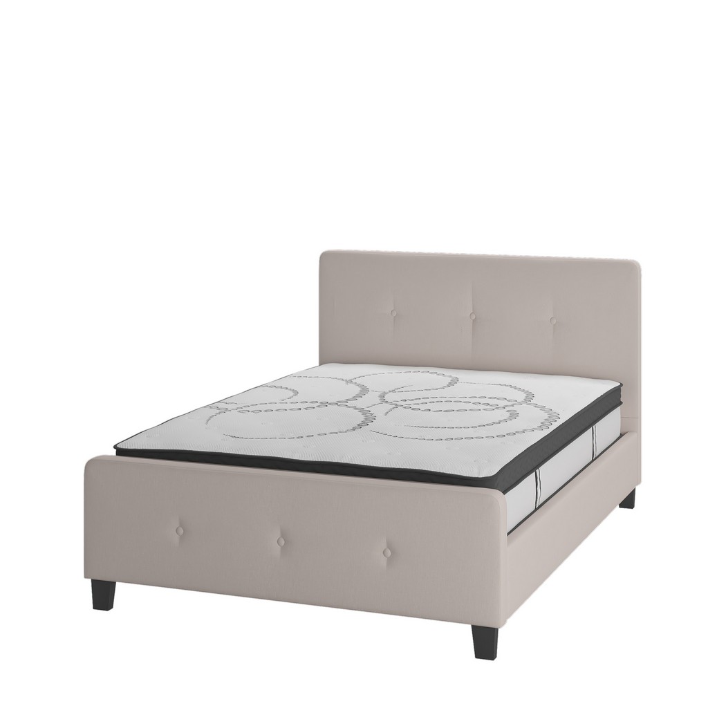 Tribeca Full Size Tufted Upholstered Platform Bed in Beige Fabric with 10 Inch CertiPUR-US Certified Pocket Spring Mattress [HG-BM10-18-GG] - Flash Furniture HG-BM10-18-GG