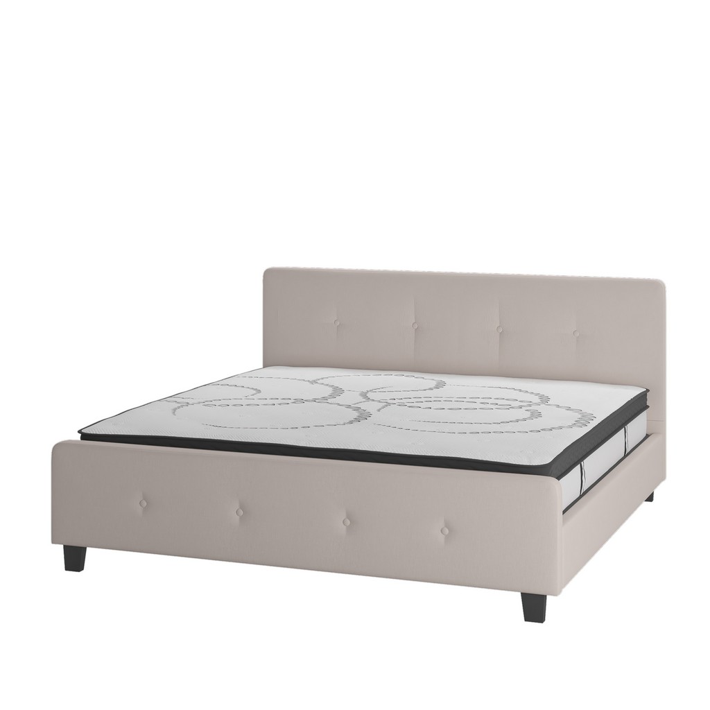 Tribeca King Size Tufted Upholstered Platform Bed in Beige Fabric with 10 Inch CertiPUR-US Certified Pocket Spring Mattress [HG-BM10-20-GG] - Flash Furniture HG-BM10-20-GG