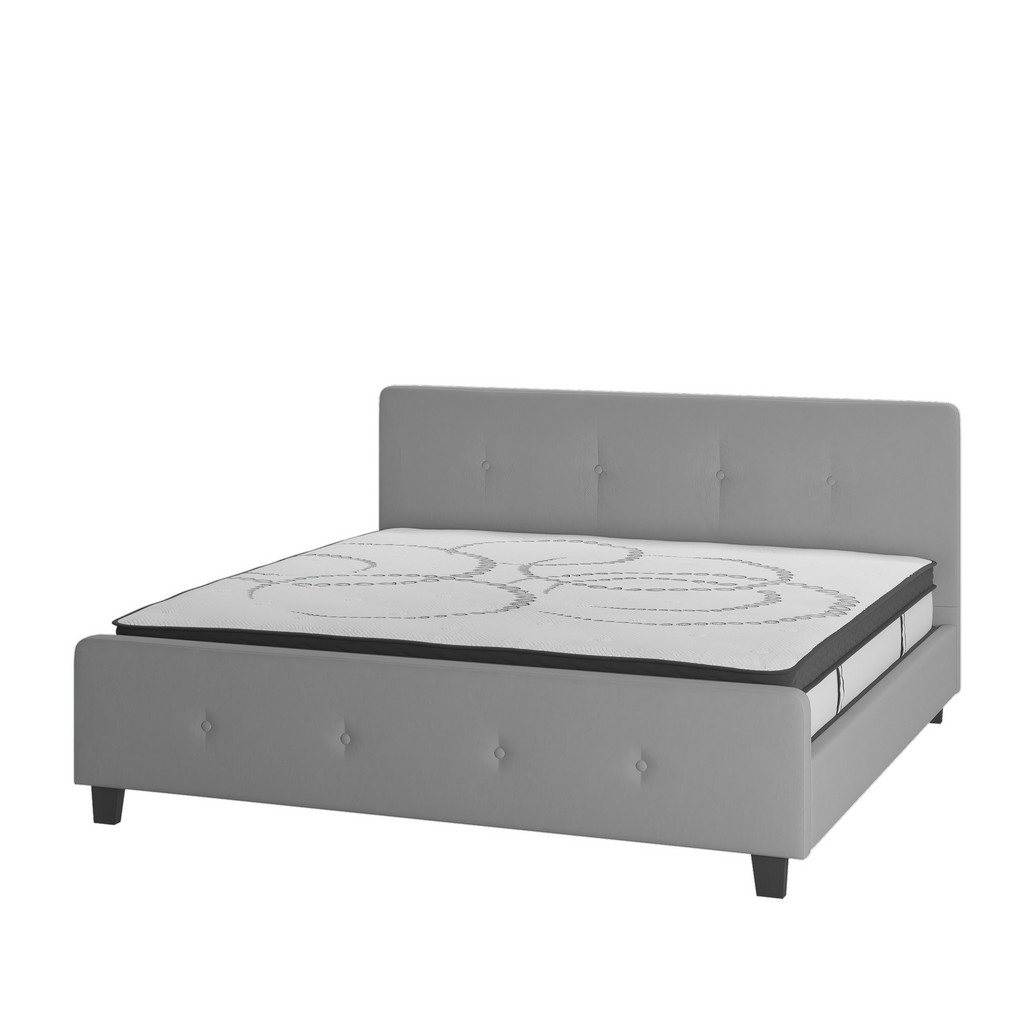 Tribeca King Size Tufted Upholstered Platform Bed in Light Gray Fabric with 10 Inch CertiPUR-US Certified Pocket Spring Mattress [HG-BM10-28-GG] - Flash Furniture HG-BM10-28-GG