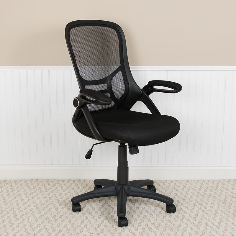 High Back Black Mesh Ergonomic Swivel Office Chair w/ Black Frame &amp; Flip-up Arms - Flash Furniture HL-0016-1-BK-BK-GG