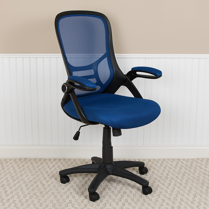 High Back Blue Mesh Ergonomic Swivel Office Chair w/ Black Frame &amp; Flip-up Arms - Flash Furniture HL-0016-1-BK-BL-GG