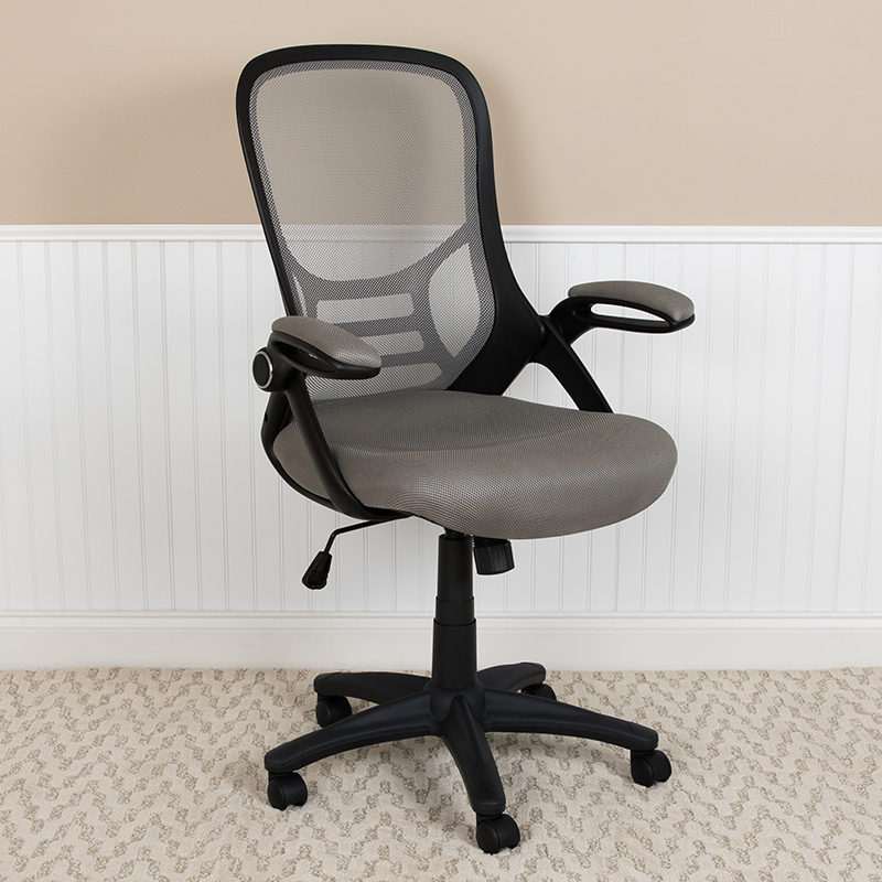High Back Light Gray Mesh Ergonomic Swivel Office Chair w/ Black Frame &amp; Flip-up Arms - Flash Furniture HL-0016-1-BK-GY-GG