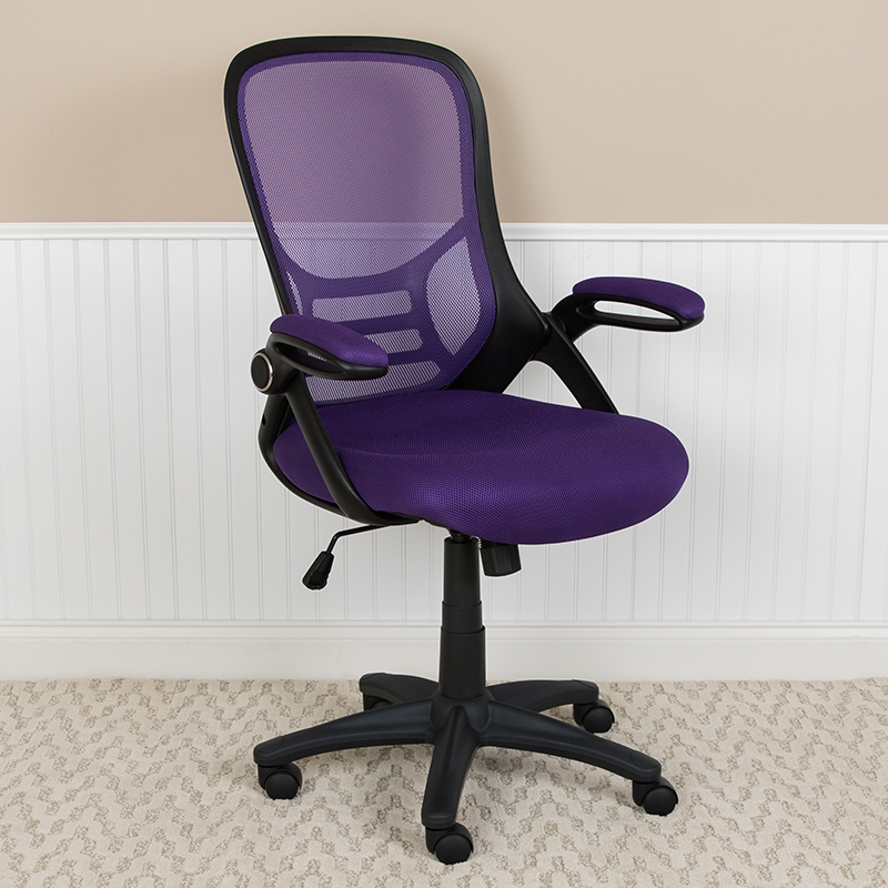 High Back Purple Mesh Ergonomic Swivel Office Chair w/ Black Frame &amp; Flip-up Arms - Flash Furniture HL-0016-1-BK-PUR-GG