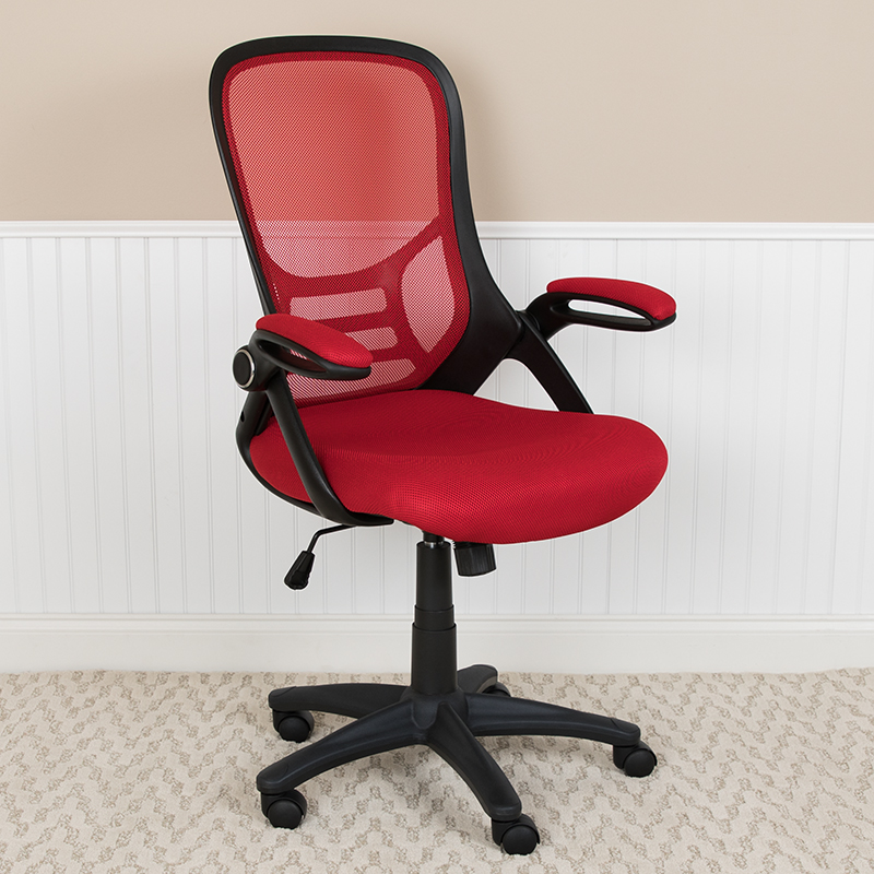 High Back Red Mesh Ergonomic Swivel Office Chair w/ Black Frame &amp; Flip-up Arms - Flash Furniture HL-0016-1-BK-RED-GG