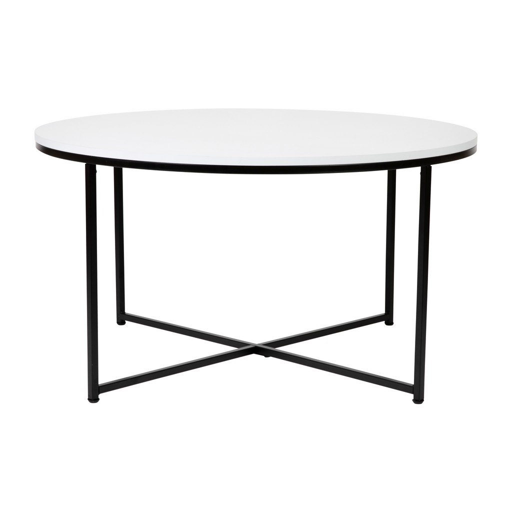 Hampstead Collection Coffee Table - Modern White Finish Accent Table with Crisscross Matte Black Frame [NAN-JH-1787CT-BK-GG] - Flash Furniture NAN-JH-1787CT-BK-GG