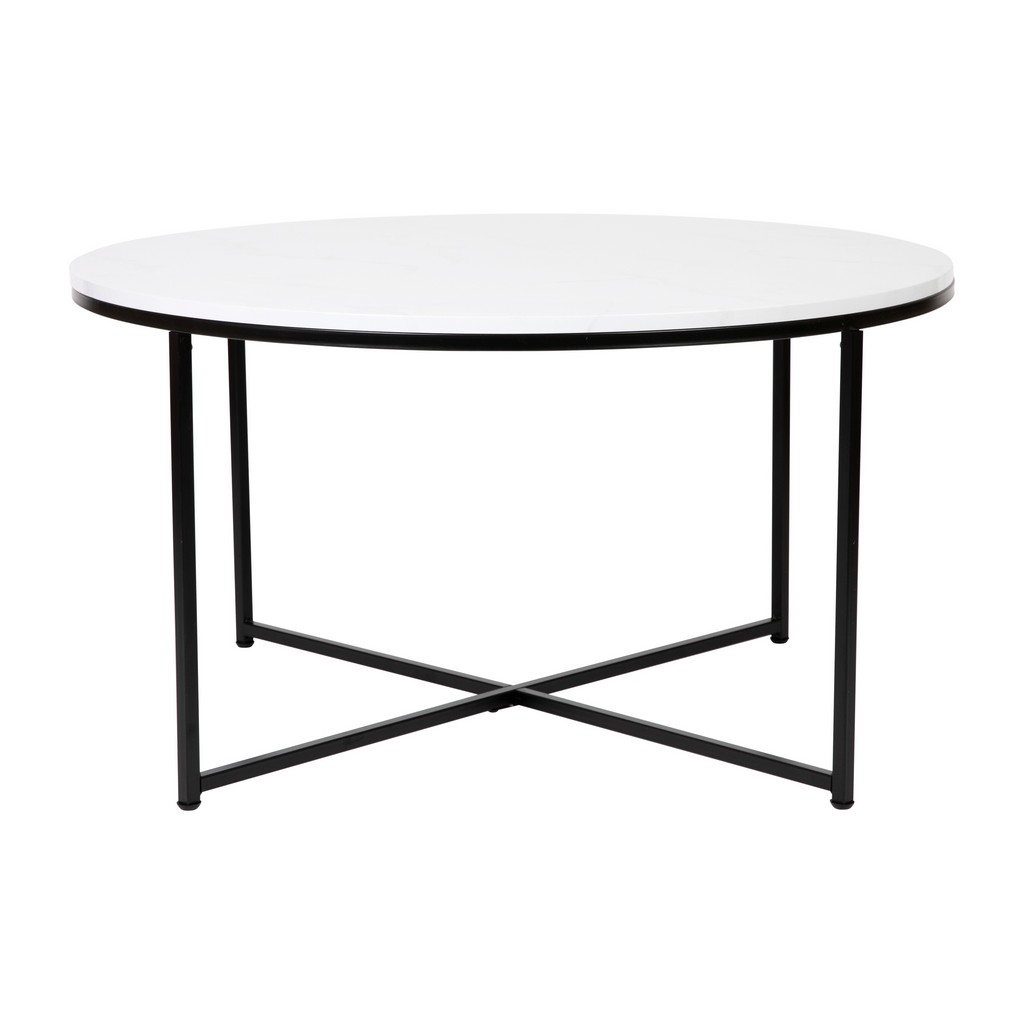 Hampstead Collection Coffee Table - Modern White Marble Finish Accent Table with Crisscross Matte Black Frame [NAN-JH-1787CT-MRBL-BK-GG] - Flash Furniture NAN-JH-1787CT-MRBL-BK-GG