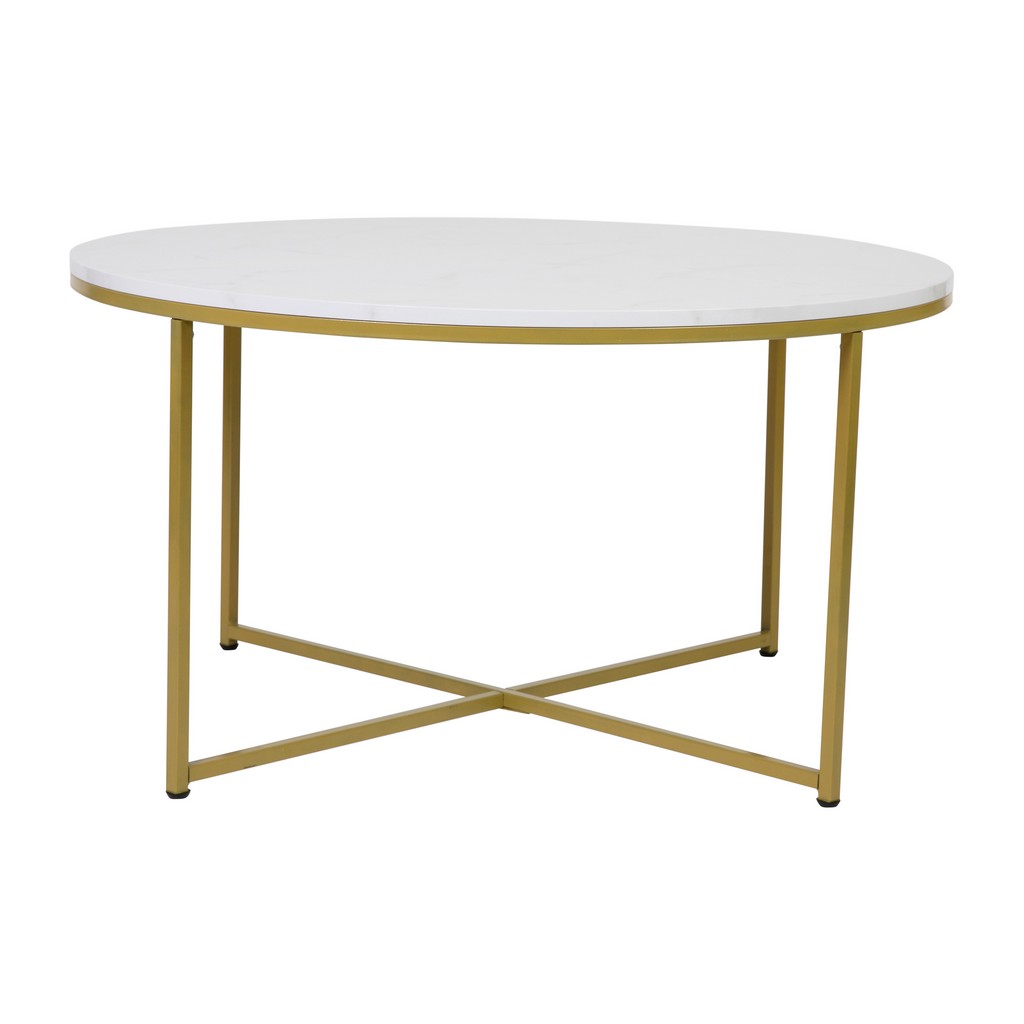 Hampstead Collection Coffee Table - Modern White Marble Finish Accent Table with Crisscross Matte Gold Frame [NAN-JH-1787CT-MRBL-GG] - Flash Furniture NAN-JH-1787CT-MRBL-GG