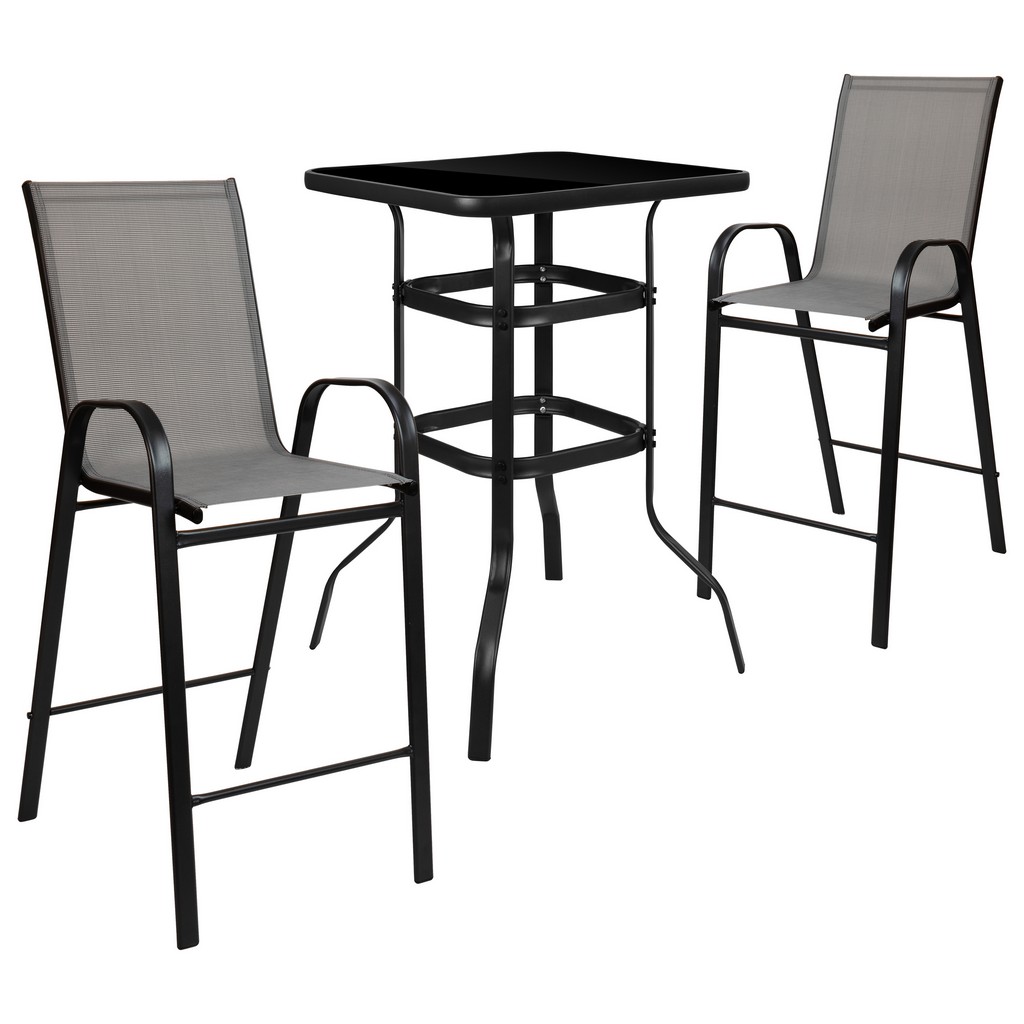 Outdoor Dining Set - 2-Person Bistro Set - Outdoor Glass Bar Table with Gray All-Weather Patio Stools - Flash Furniture TLH-073H092H-GR-GG