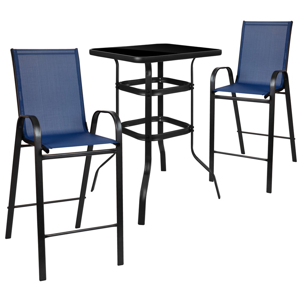 Outdoor Dining Set - 2-Person Bistro Set - Outdoor Glass Bar Table with Navy All-Weather Patio Stools - Flash Furniture TLH-073H092H-NV-GG