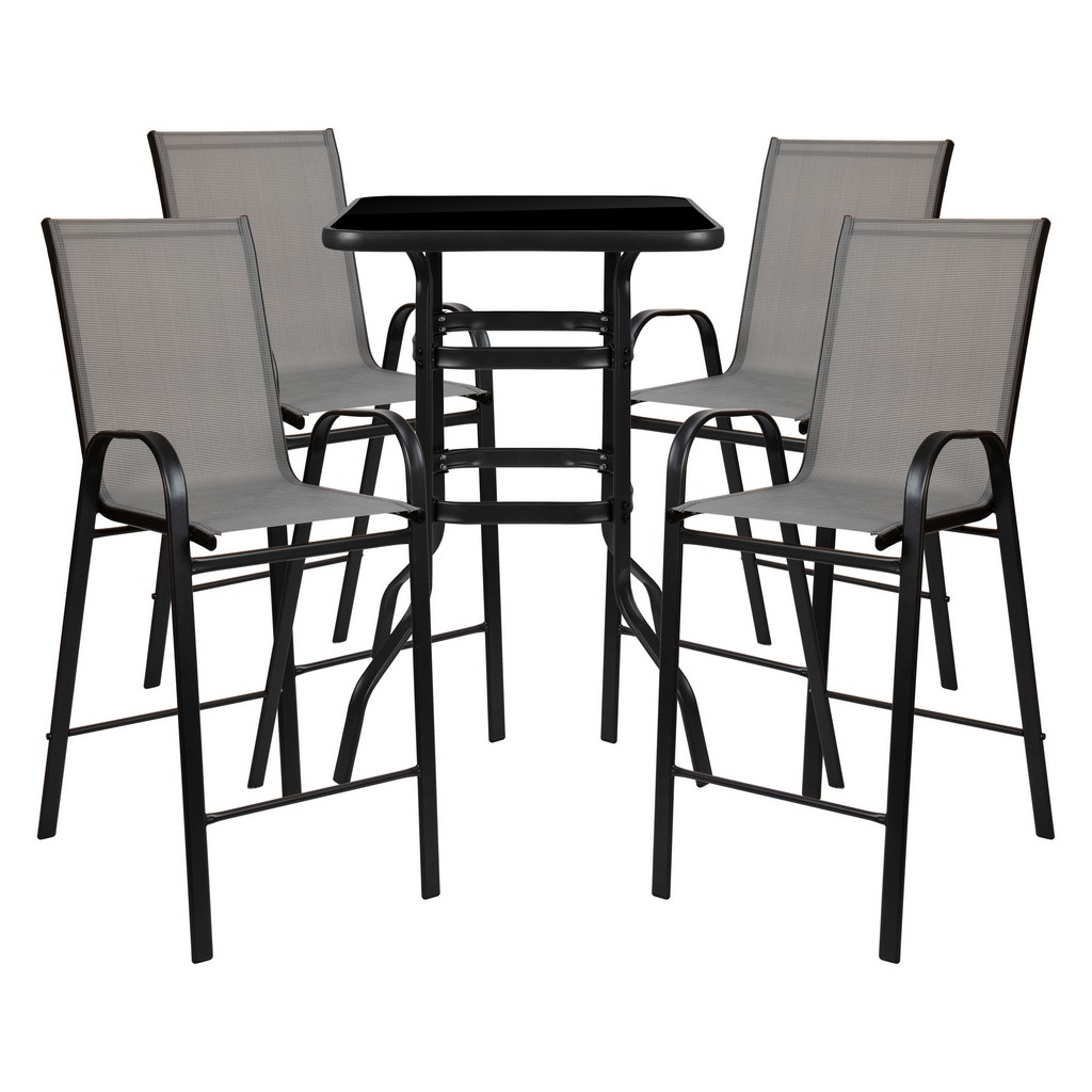 Outdoor Dining Set - 4-Person Bistro Set - Outdoor Glass Bar Table with Gray All-Weather Patio Stools - Flash Furniture TLH-073H092H4-GR-GG