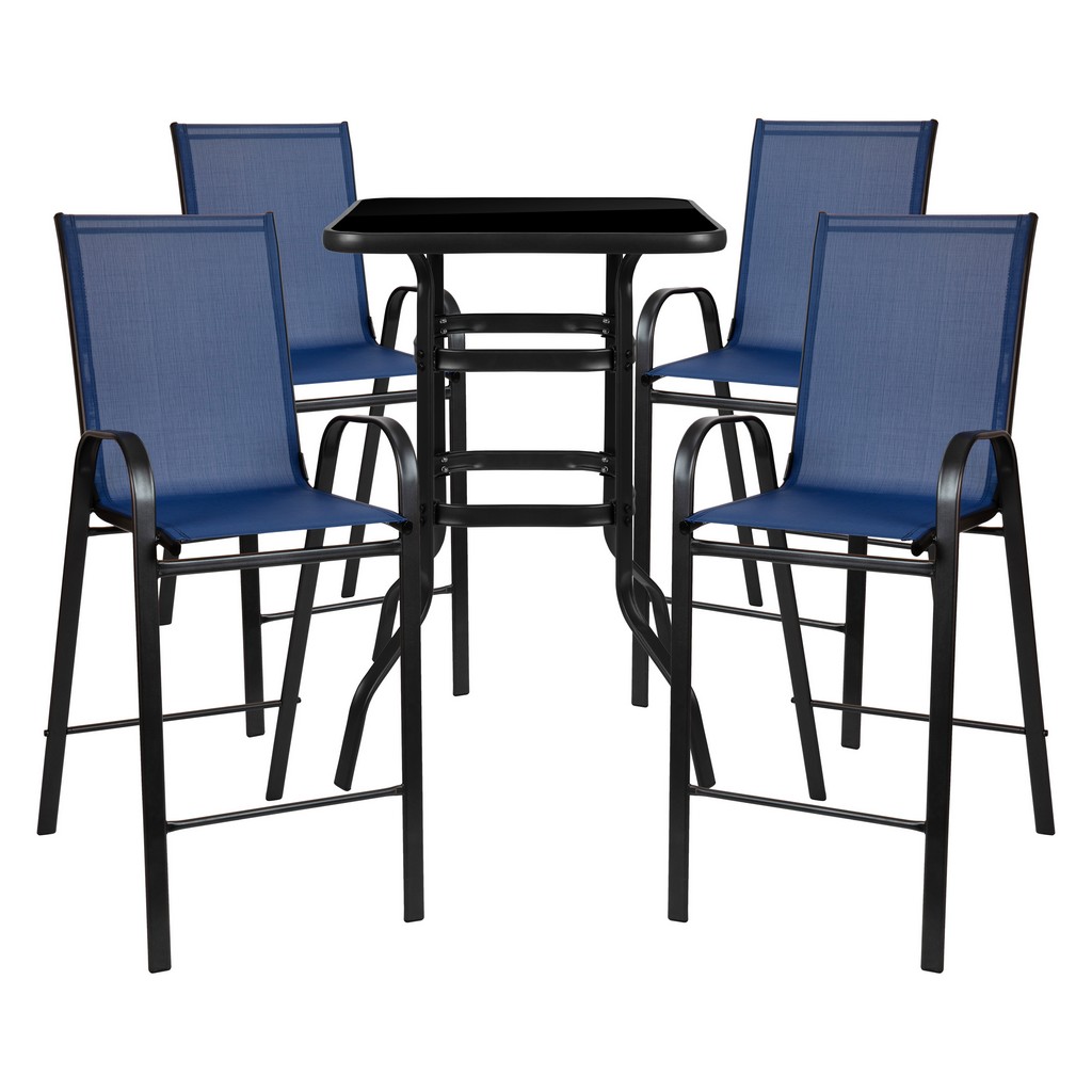 Outdoor Dining Set - 4-Person Bistro Set - Outdoor Glass Bar Table with Navy All-Weather Patio Stools - Flash Furniture TLH-073H092H4-NV-GG