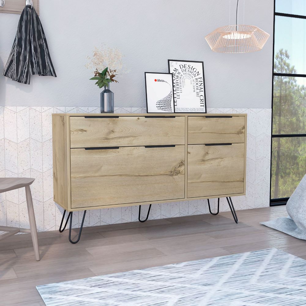 Skyoner Double Dresser, Superior Top, Hairpin Legs, Four Drawers, Light oak Finish - We Have Furniture WHF427