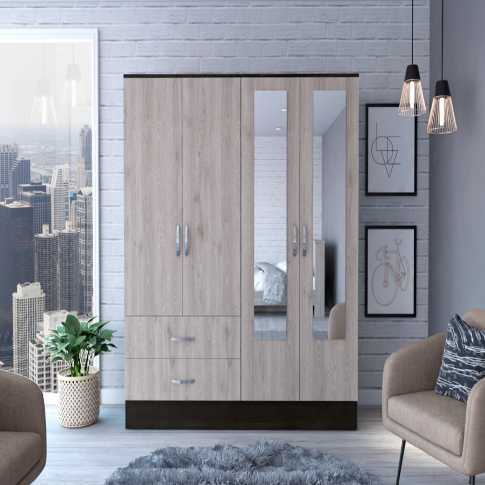 Ron Armoire, Double Door Cabinet , Two Mirrors, Two Drawers, Six Shelves, Light Grey Finish - We Have Furniture WHF466