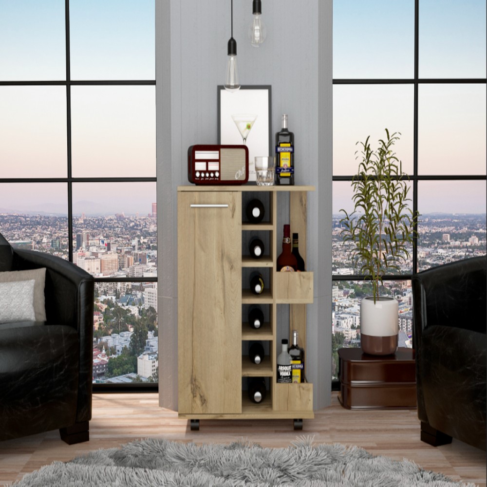 Tennessee Bar Cart, Two External Shelves, Four Casters, Six Wine Cubbies, Single Door Cabinet, Light Oak Finish - We Have Furniture WHF630