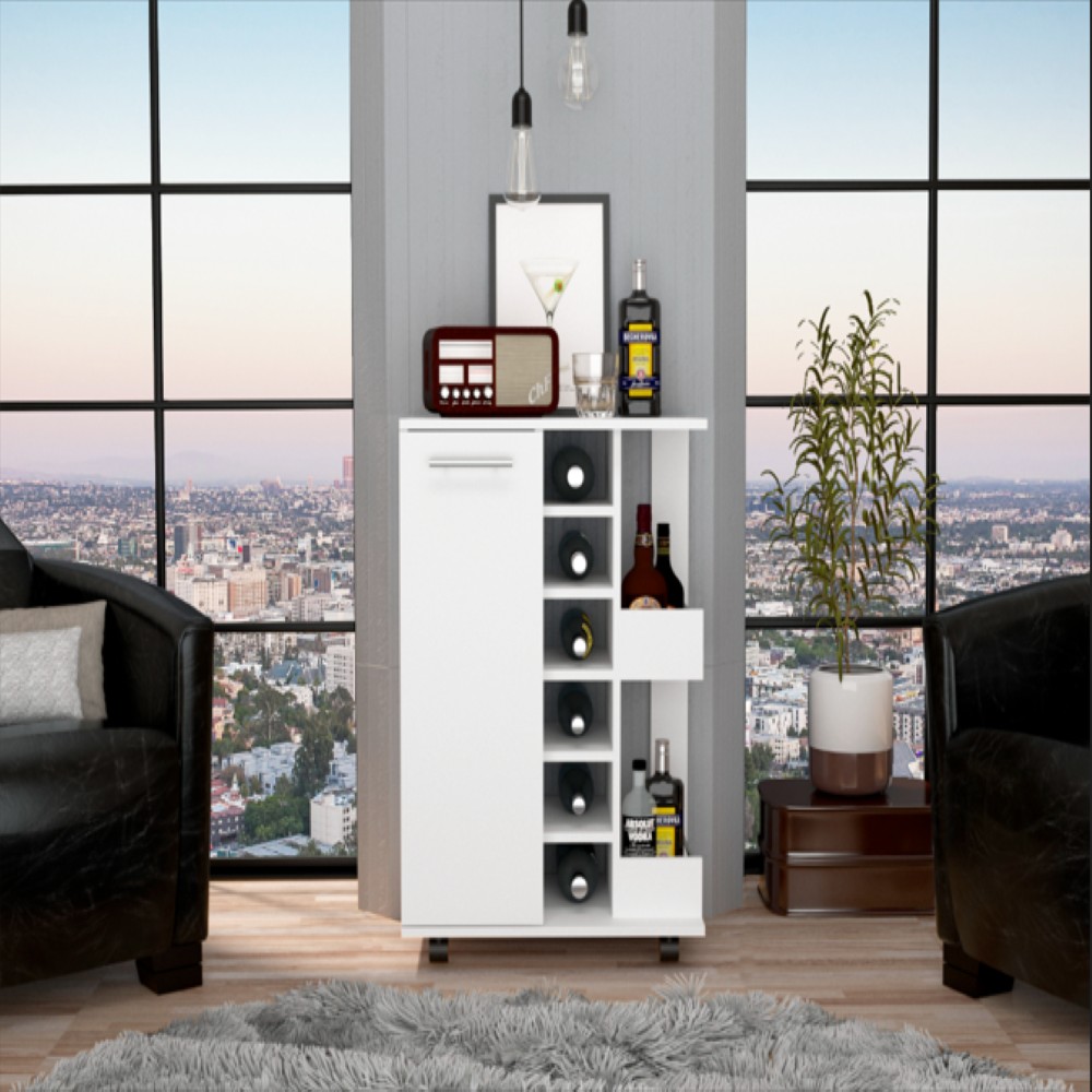 Tennessee Bar Cart, Two External Shelves, Four Casters, Six Wine Cubbies, Single Door Cabinet, White Finish - We Have Furniture WHF633