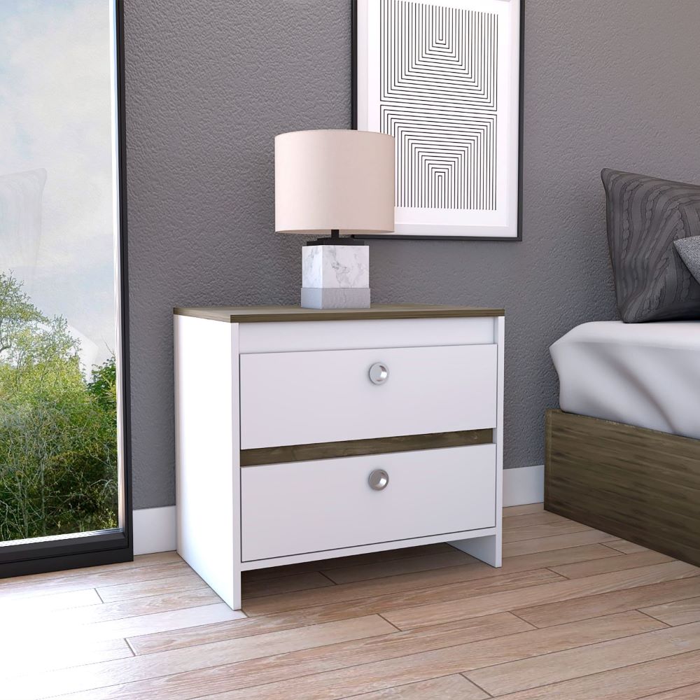 Dreams Nightstand, Superior Top, Two Drawers, White and Dark Brown Finish - We Have Furniture WHF712