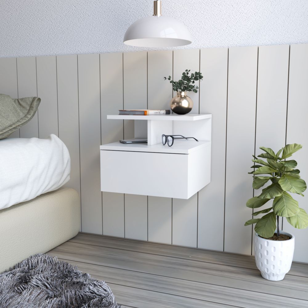 Floating Nightstand Flopini, One Drawer, White Finish - We Have Furniture WHFP009