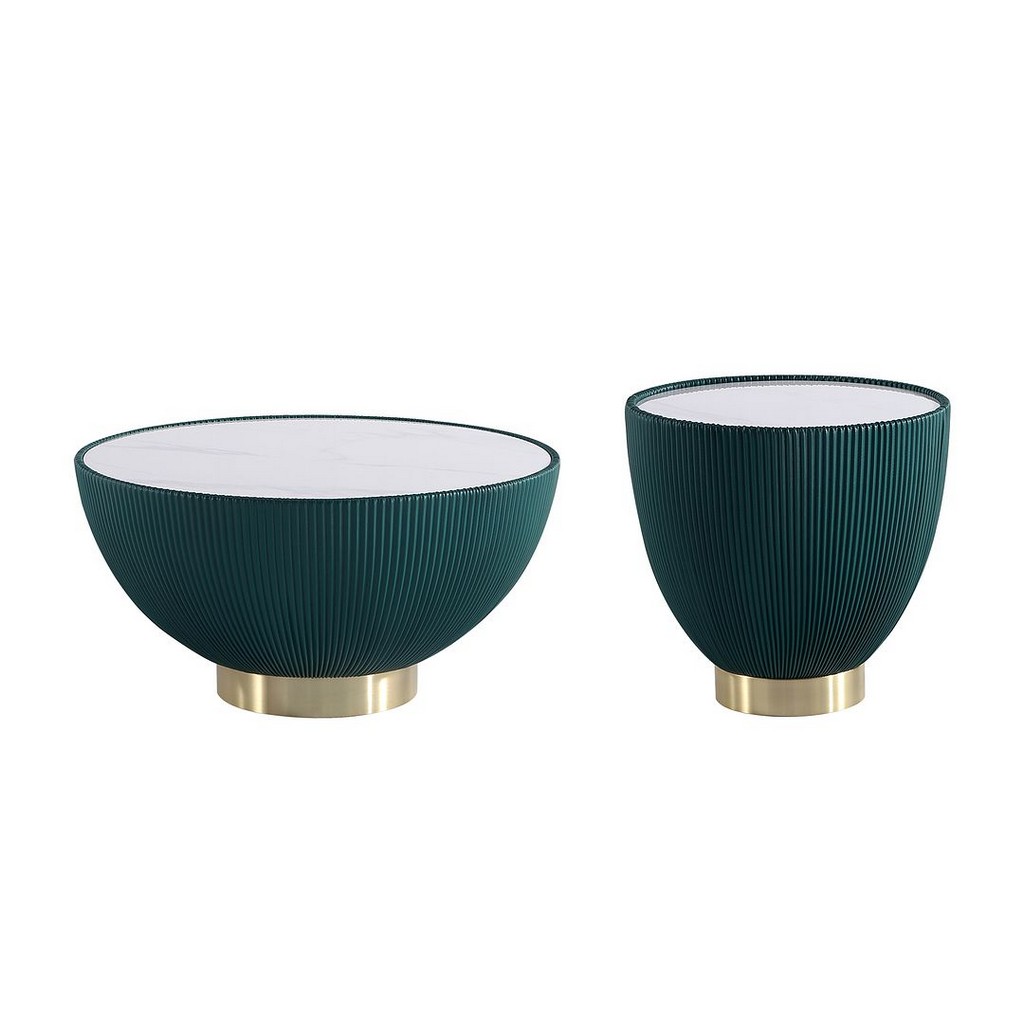 Modern Anderson Coffee Table and End Table 2.0 Upholstered in Green Leatherette with Ceramic Faux Tabletop - Set of 2 â€“ Manhattan Comfort 2-AT01-GR