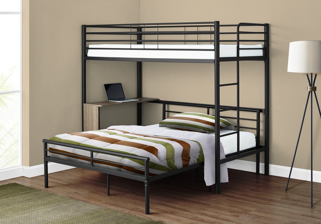 Bunk Bed - Twin / Full Size - Taupe Desk / Black Metal - Monarch Specialties I-2240b