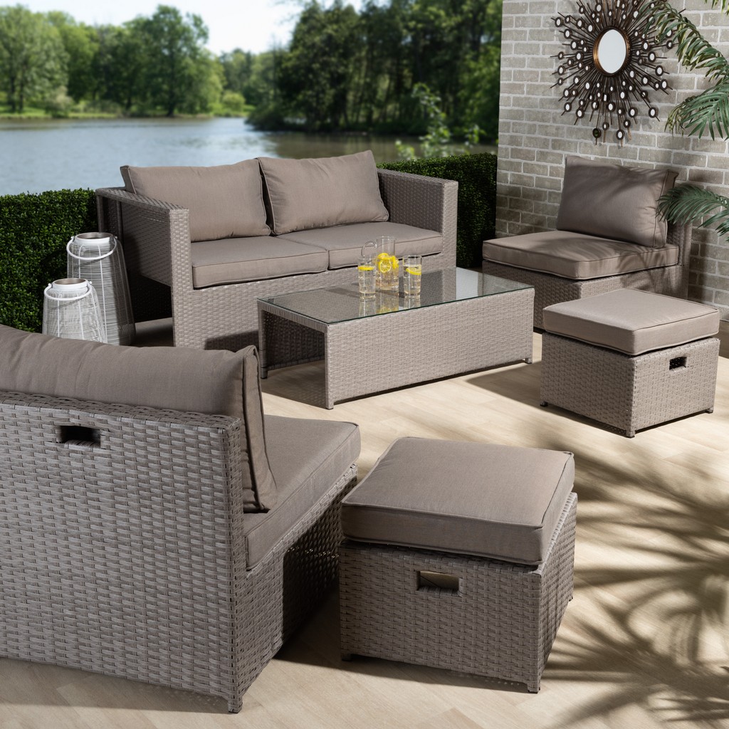 Haina Modern Contemporary Grey Fabric Upholstered Greyed Synthetic Rattan Patio Set