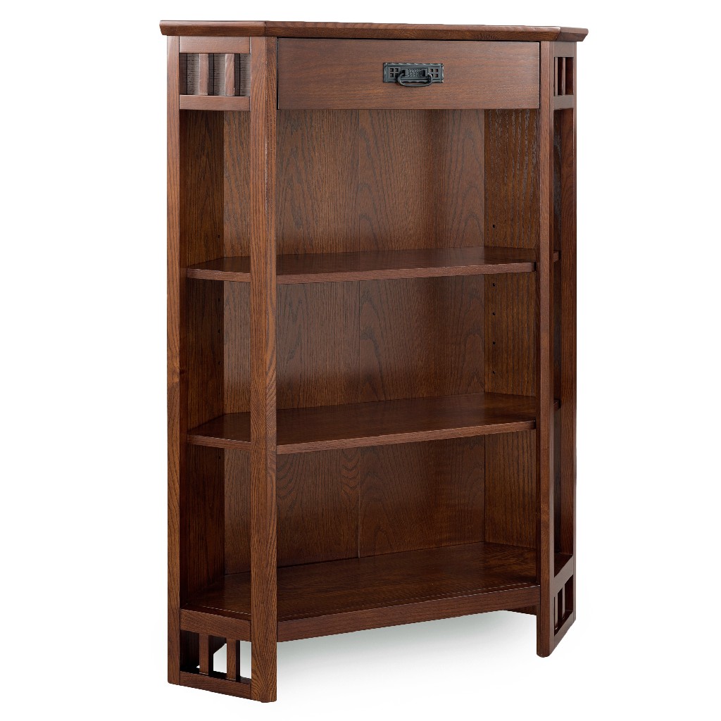 82263 Mission Mantel Height Corner Bookcase with Drawer Storage, Made with Solid Wood, for Entryway, Living Rooms, Home Office, Bedroom, Mission Oak Finish - Leick Furniture 82263