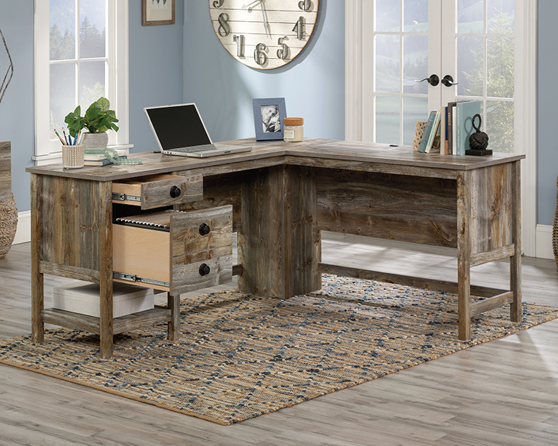 Granite Trace L-Shaped Home Office Desk in Rustic Cedar - Sauder 433949